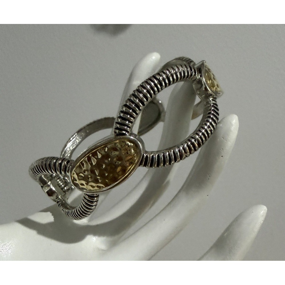 Two Tone Silver & Gold Tone Accent Cable‎ Cuff Bracelet Hoop 7"